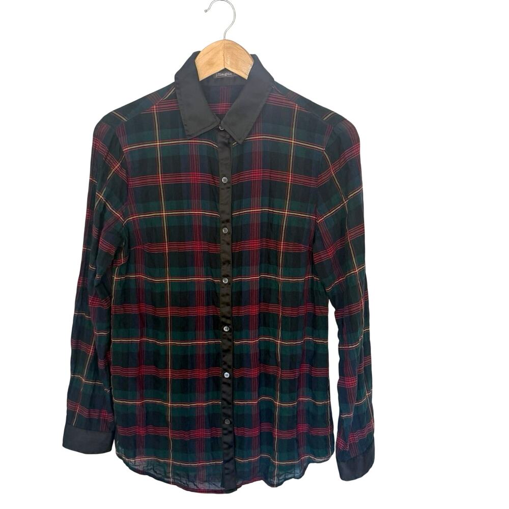 J. McLaughlin Shirt Size S Plaid Button Satin Collar Long Sleeve